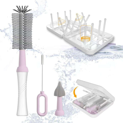 Powerful Electric Baby Bottle Brush Cleaner Set,Complete with Silicone Bottle/Nipple/Gap/Straw Brushes,Plus a Dispenser and Foldable Drying Rack,Effort Electric Cleaning Brush,Portable Travel Set