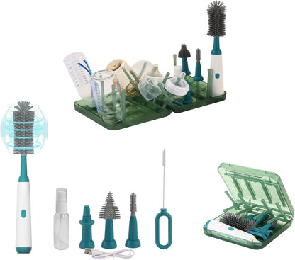 Powerful Electric Baby Bottle Brush Cleaner Set,Complete with Silicone Bottle/Nipple/Gap/Straw Brushes,Plus a Dispenser and Foldable Drying Rack,Effort Electric Cleaning Brush,Portable Travel Set