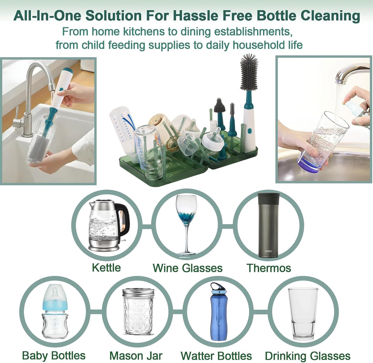 Powerful Electric Baby Bottle Brush Cleaner Set,Complete with Silicone Bottle/Nipple/Gap/Straw Brushes,Plus a Dispenser and Foldable Drying Rack,Effort Electric Cleaning Brush,Portable Travel Set