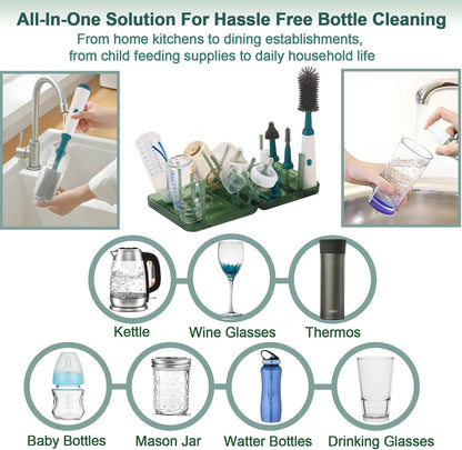 Powerful Electric Baby Bottle Brush Cleaner Set,Complete with Silicone Bottle/Nipple/Gap/Straw Brushes,Plus a Dispenser and Foldable Drying Rack,Effort Electric Cleaning Brush,Portable Travel Set