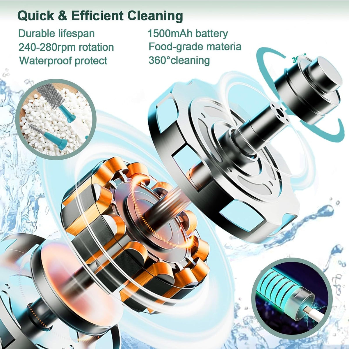 Powerful Electric Baby Bottle Brush Cleaner Set,Complete with Silicone Bottle/Nipple/Gap/Straw Brushes,Plus a Dispenser and Foldable Drying Rack,Effort Electric Cleaning Brush,Portable Travel Set