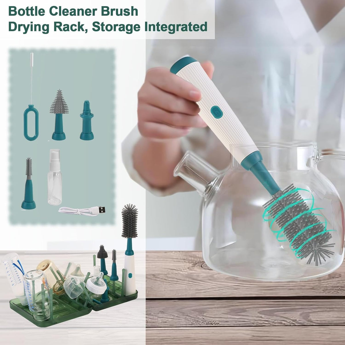Powerful Electric Baby Bottle Brush Cleaner Set,Complete with Silicone Bottle/Nipple/Gap/Straw Brushes,Plus a Dispenser and Foldable Drying Rack,Effort Electric Cleaning Brush,Portable Travel Set
