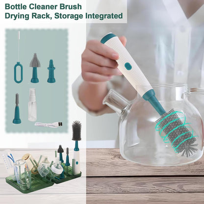 Powerful Electric Baby Bottle Brush Cleaner Set,Complete with Silicone Bottle/Nipple/Gap/Straw Brushes,Plus a Dispenser and Foldable Drying Rack,Effort Electric Cleaning Brush,Portable Travel Set
