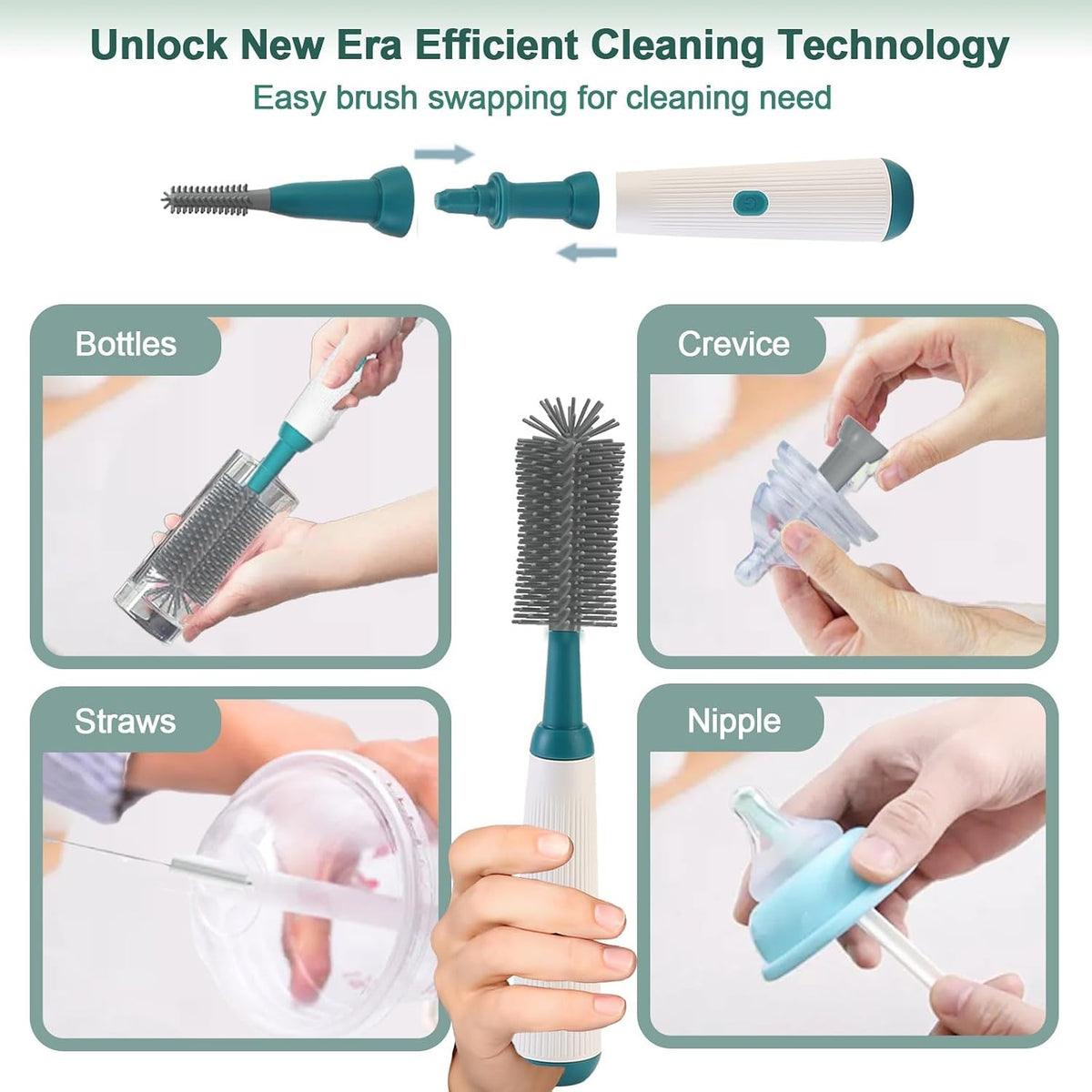 Powerful Electric Baby Bottle Brush Cleaner Set,Complete with Silicone Bottle/Nipple/Gap/Straw Brushes,Plus a Dispenser and Foldable Drying Rack,Effort Electric Cleaning Brush,Portable Travel Set