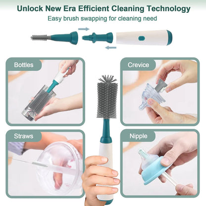Powerful Electric Baby Bottle Brush Cleaner Set,Complete with Silicone Bottle/Nipple/Gap/Straw Brushes,Plus a Dispenser and Foldable Drying Rack,Effort Electric Cleaning Brush,Portable Travel Set