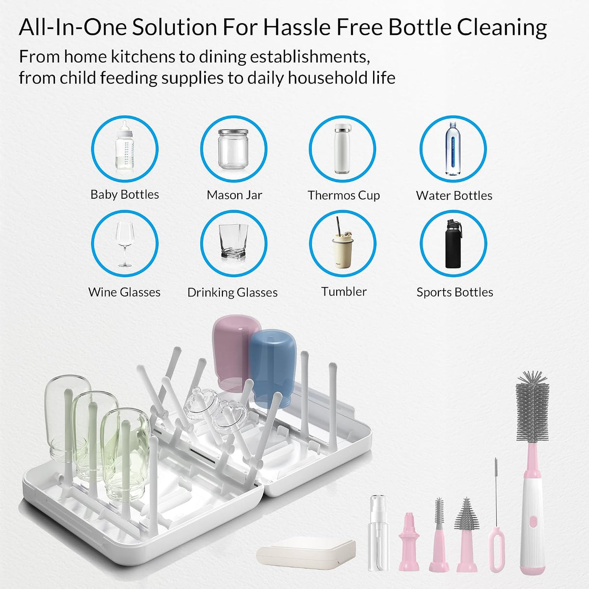 Powerful Electric Baby Bottle Brush Cleaner Set,Complete with Silicone Bottle/Nipple/Gap/Straw Brushes,Plus a Dispenser and Foldable Drying Rack,Effort Electric Cleaning Brush,Portable Travel Set