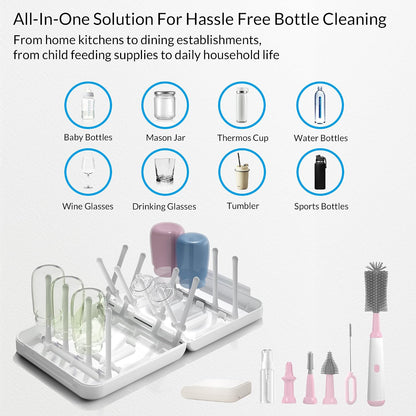 Powerful Electric Baby Bottle Brush Cleaner Set,Complete with Silicone Bottle/Nipple/Gap/Straw Brushes,Plus a Dispenser and Foldable Drying Rack,Effort Electric Cleaning Brush,Portable Travel Set
