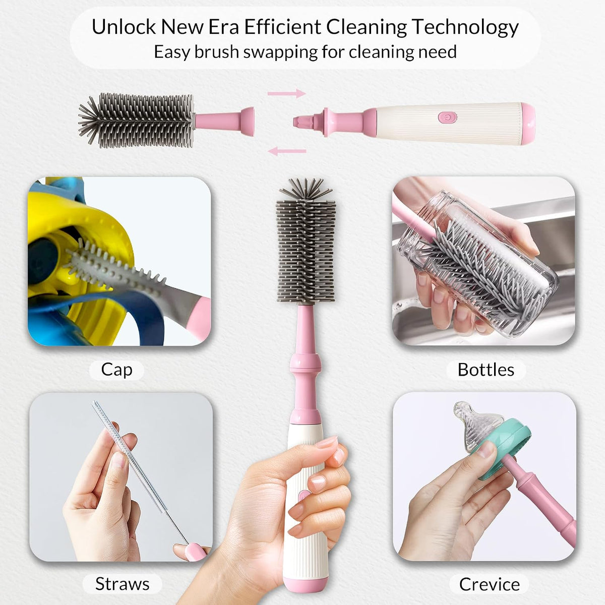 Powerful Electric Baby Bottle Brush Cleaner Set,Complete with Silicone Bottle/Nipple/Gap/Straw Brushes,Plus a Dispenser and Foldable Drying Rack,Effort Electric Cleaning Brush,Portable Travel Set