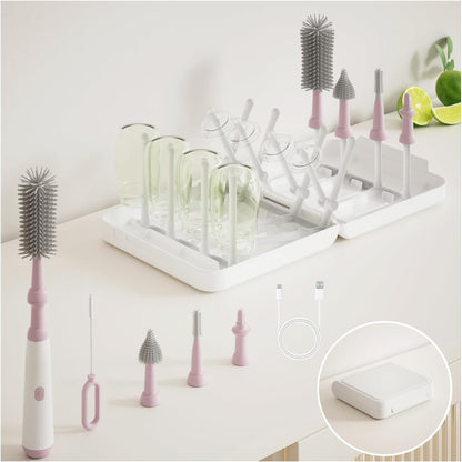 Powerful Electric Baby Bottle Brush Cleaner Set,Complete with Silicone Bottle/Nipple/Gap/Straw Brushes,Plus a Dispenser and Foldable Drying Rack,Effort Electric Cleaning Brush,Portable Travel Set
