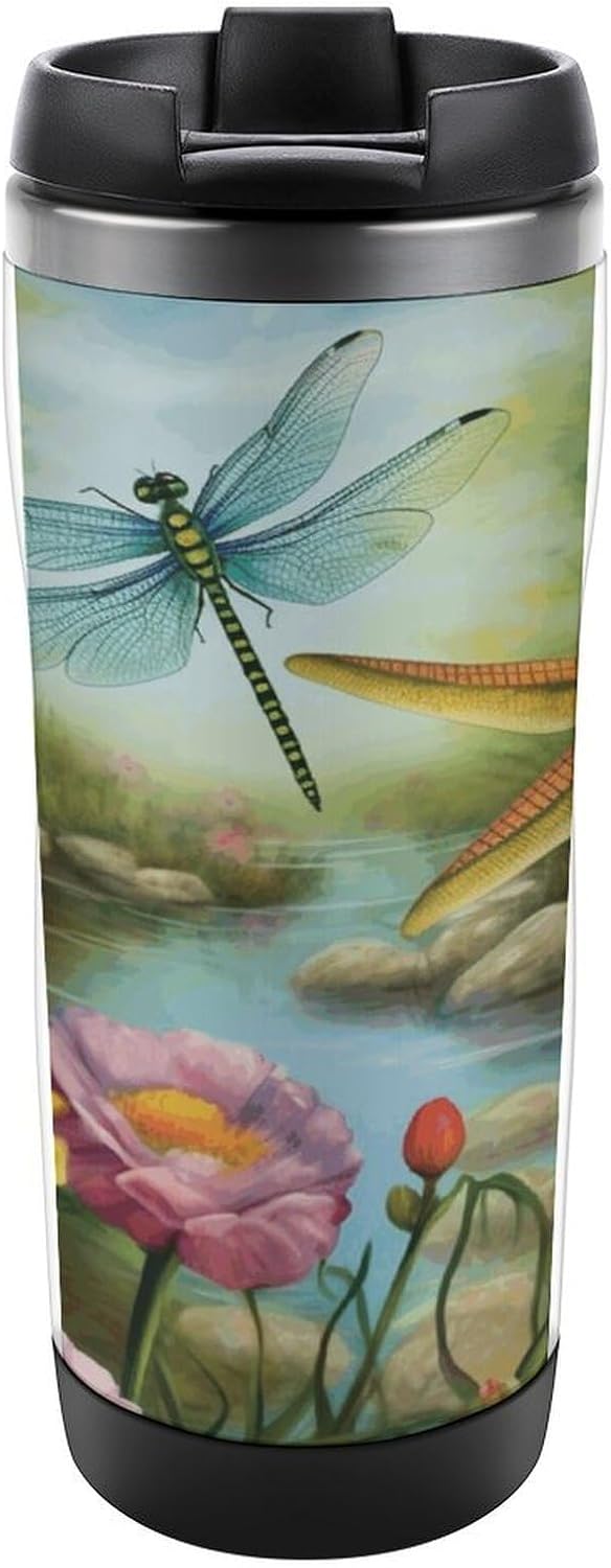 13oz Insulated Travel Coffee Mug Reusable Coffee Cup Water Bottle | Dragonfly Garden Spring Travel Mug with Leak Proof Lid Double Wall Stainless Steel Coffee Tumbler Personalized Gift