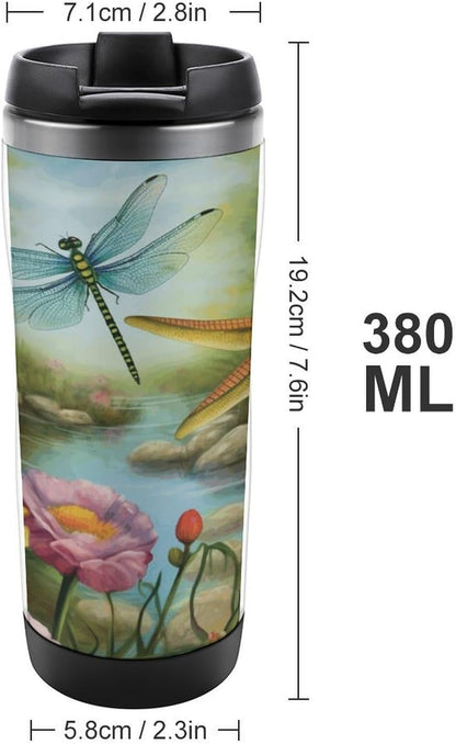 13oz Insulated Travel Coffee Mug Reusable Coffee Cup Water Bottle | Dragonfly Garden Spring Travel Mug with Leak Proof Lid Double Wall Stainless Steel Coffee Tumbler Personalized Gift