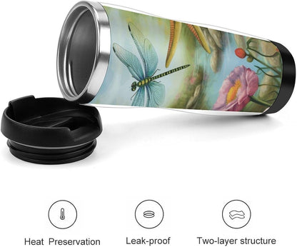 13oz Insulated Travel Coffee Mug Reusable Coffee Cup Water Bottle | Dragonfly Garden Spring Travel Mug with Leak Proof Lid Double Wall Stainless Steel Coffee Tumbler Personalized Gift