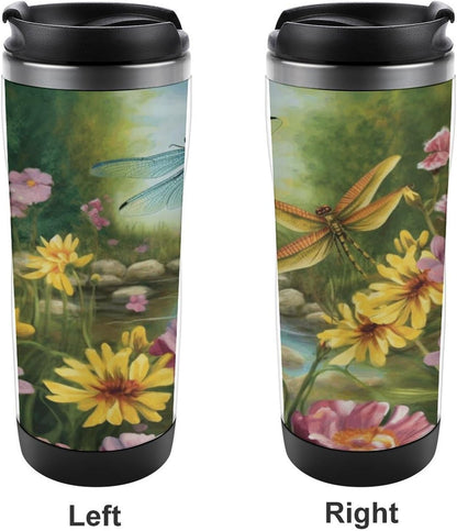 13oz Insulated Travel Coffee Mug Reusable Coffee Cup Water Bottle | Dragonfly Garden Spring Travel Mug with Leak Proof Lid Double Wall Stainless Steel Coffee Tumbler Personalized Gift