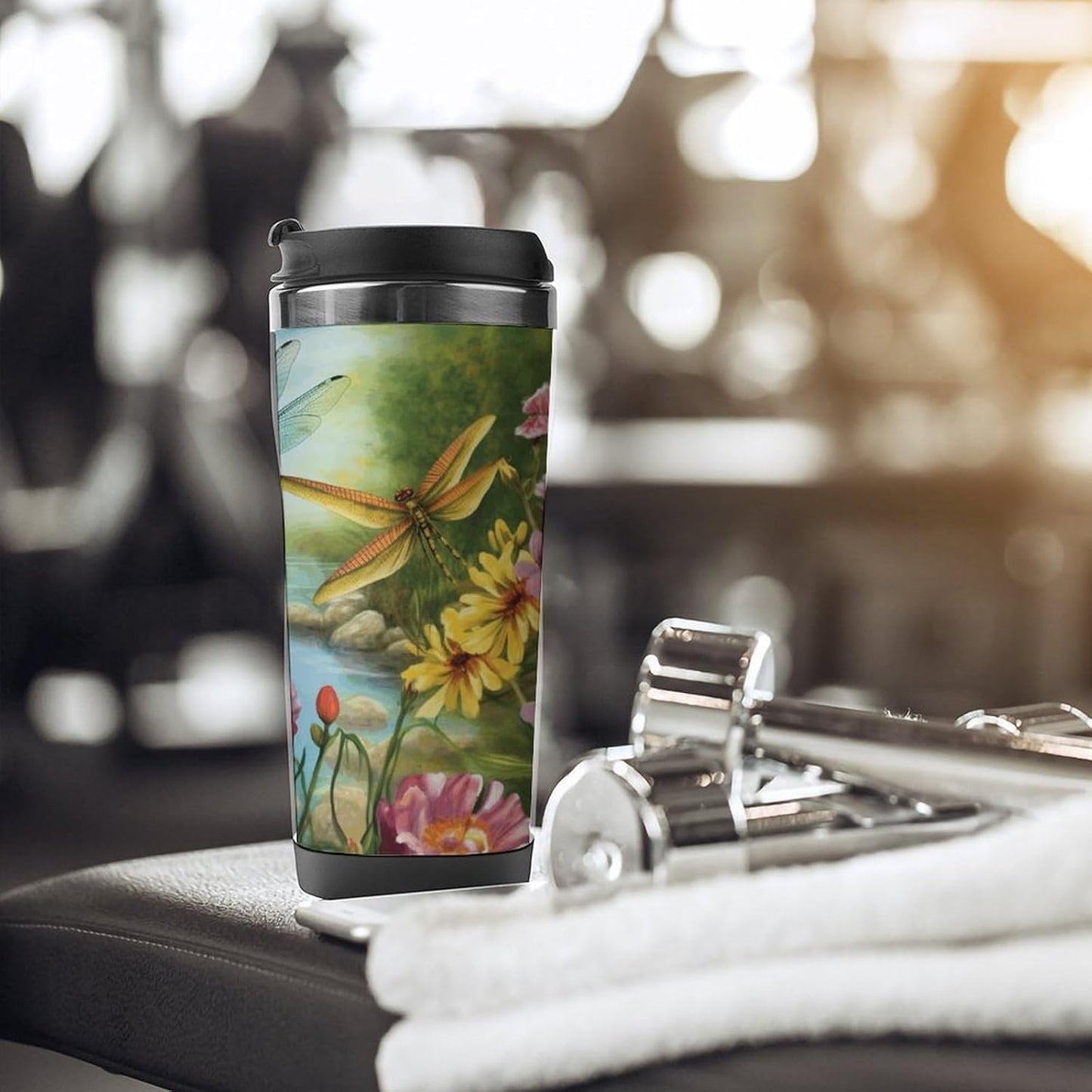 13oz Insulated Travel Coffee Mug Reusable Coffee Cup Water Bottle | Dragonfly Garden Spring Travel Mug with Leak Proof Lid Double Wall Stainless Steel Coffee Tumbler Personalized Gift
