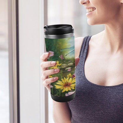 13oz Insulated Travel Coffee Mug Reusable Coffee Cup Water Bottle | Dragonfly Garden Spring Travel Mug with Leak Proof Lid Double Wall Stainless Steel Coffee Tumbler Personalized Gift