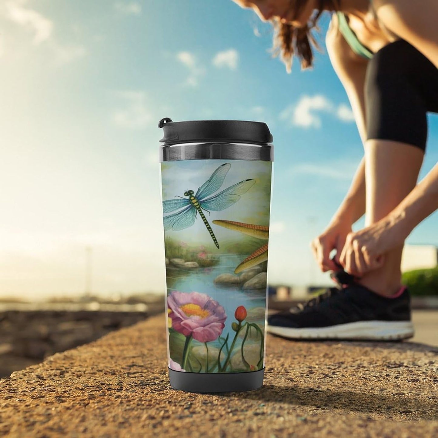 13oz Insulated Travel Coffee Mug Reusable Coffee Cup Water Bottle | Dragonfly Garden Spring Travel Mug with Leak Proof Lid Double Wall Stainless Steel Coffee Tumbler Personalized Gift