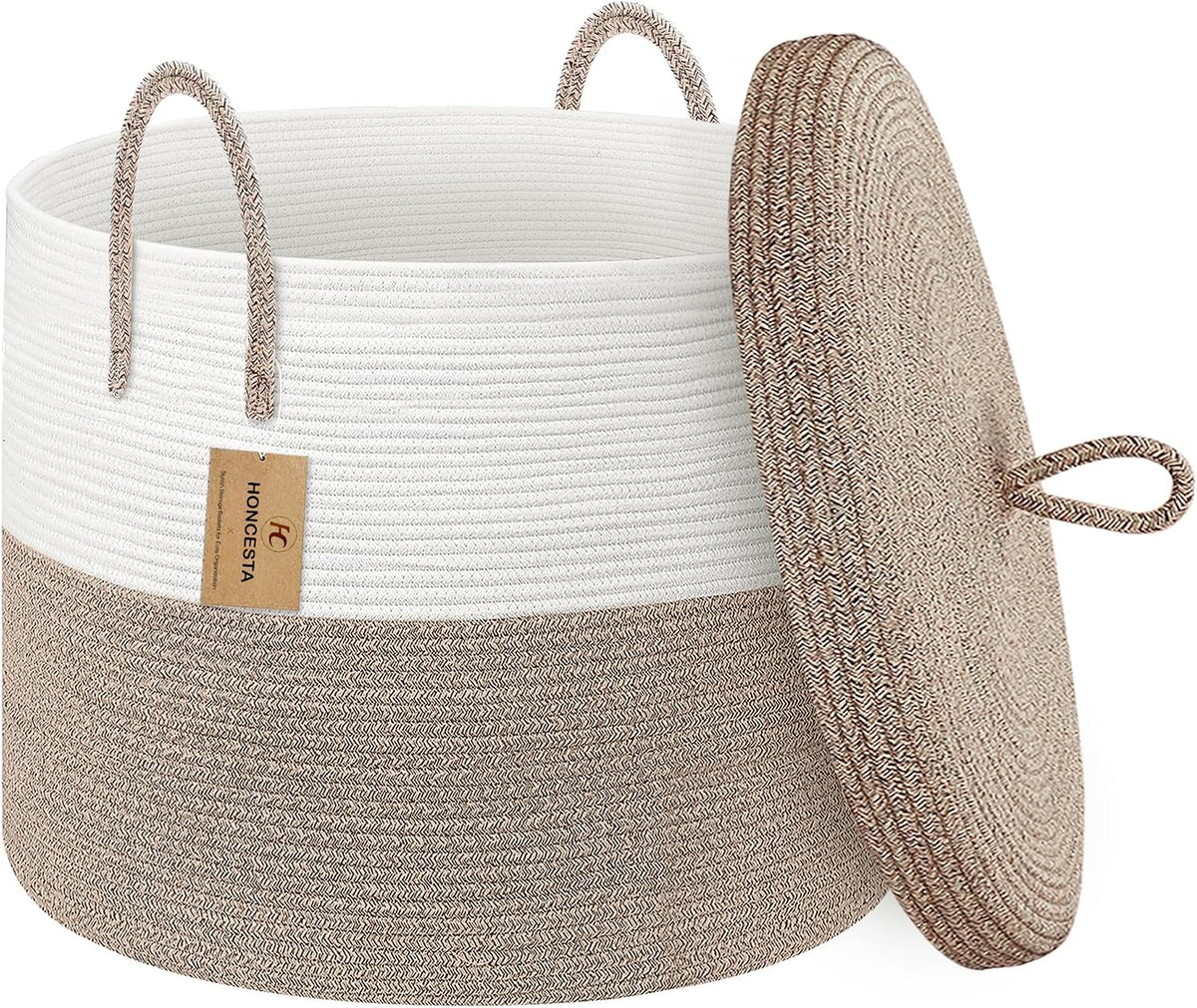 Extra Large Woven Basket with Lid, 18" X 14" Wicker Blanket Storage Basket Living Room, Tall Rope Storage Baskets for Toys, Decorative Kids Toy Bin Box with Cover, Baby Laundry Basket Hamper