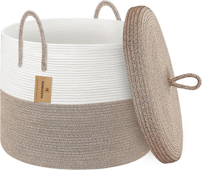 Extra Large Woven Basket with Lid, 18" X 14" Wicker Blanket Storage Basket Living Room, Tall Rope Storage Baskets for Toys, Decorative Kids Toy Bin Box with Cover, Baby Laundry Basket Hamper