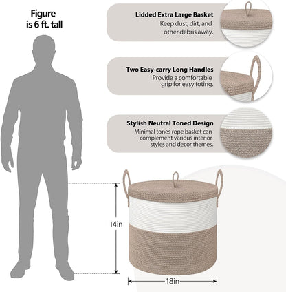 Extra Large Woven Basket with Lid, 18" X 14" Wicker Blanket Storage Basket Living Room, Tall Rope Storage Baskets for Toys, Decorative Kids Toy Bin Box with Cover, Baby Laundry Basket Hamper