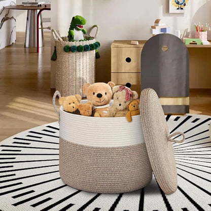 Extra Large Woven Basket with Lid, 18" X 14" Wicker Blanket Storage Basket Living Room, Tall Rope Storage Baskets for Toys, Decorative Kids Toy Bin Box with Cover, Baby Laundry Basket Hamper