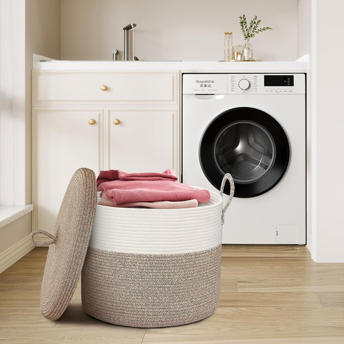 Extra Large Woven Basket with Lid, 18" X 14" Wicker Blanket Storage Basket Living Room, Tall Rope Storage Baskets for Toys, Decorative Kids Toy Bin Box with Cover, Baby Laundry Basket Hamper