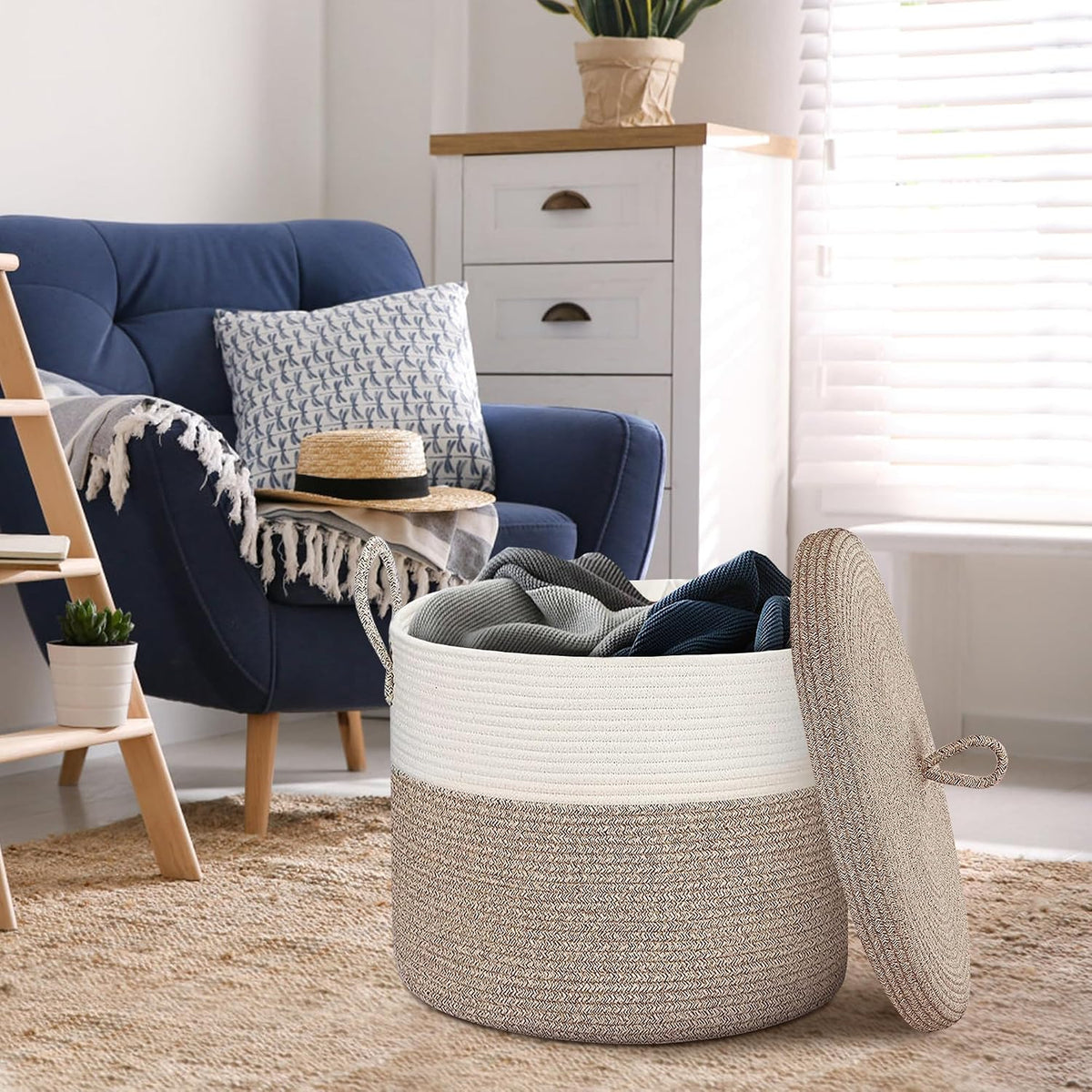 Extra Large Woven Basket with Lid, 18" X 14" Wicker Blanket Storage Basket Living Room, Tall Rope Storage Baskets for Toys, Decorative Kids Toy Bin Box with Cover, Baby Laundry Basket Hamper