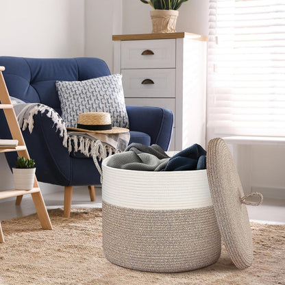 Extra Large Woven Basket with Lid, 18" X 14" Wicker Blanket Storage Basket Living Room, Tall Rope Storage Baskets for Toys, Decorative Kids Toy Bin Box with Cover, Baby Laundry Basket Hamper