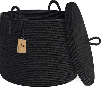 Extra Large Woven Basket with Lid, 18" X 14" Wicker Blanket Storage Basket Living Room, Tall Rope Storage Baskets for Toys, Decorative Kids Toy Bin Box with Cover, Baby Laundry Basket Hamper