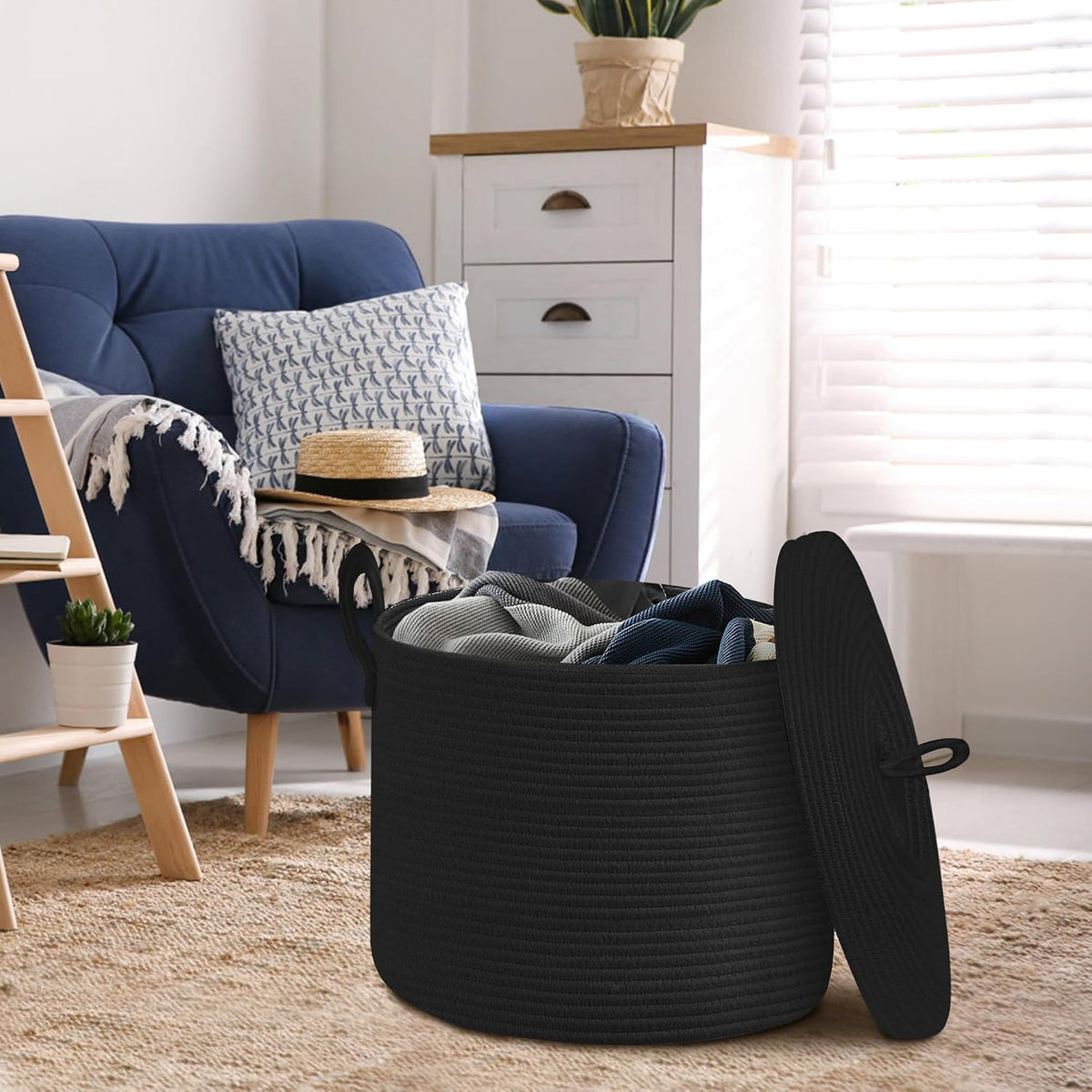 Extra Large Woven Basket with Lid, 18" X 14" Wicker Blanket Storage Basket Living Room, Tall Rope Storage Baskets for Toys, Decorative Kids Toy Bin Box with Cover, Baby Laundry Basket Hamper