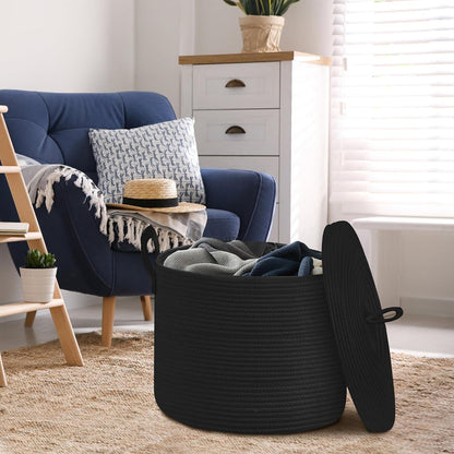 Extra Large Woven Basket with Lid, 18" X 14" Wicker Blanket Storage Basket Living Room, Tall Rope Storage Baskets for Toys, Decorative Kids Toy Bin Box with Cover, Baby Laundry Basket Hamper