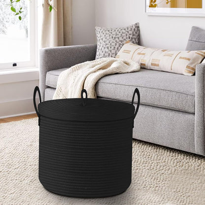 Extra Large Woven Basket with Lid, 18" X 14" Wicker Blanket Storage Basket Living Room, Tall Rope Storage Baskets for Toys, Decorative Kids Toy Bin Box with Cover, Baby Laundry Basket Hamper