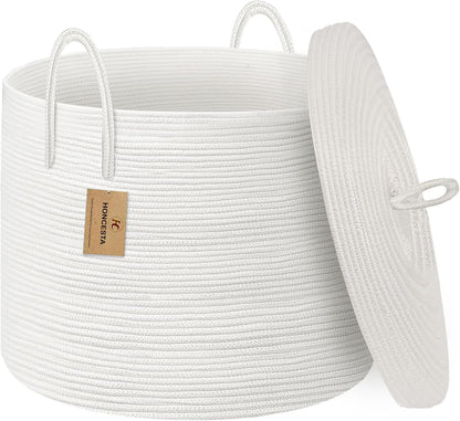 Extra Large Woven Basket with Lid, 18" X 14" Wicker Blanket Storage Basket Living Room, Tall Rope Storage Baskets for Toys, Decorative Kids Toy Bin Box with Cover, Baby Laundry Basket Hamper