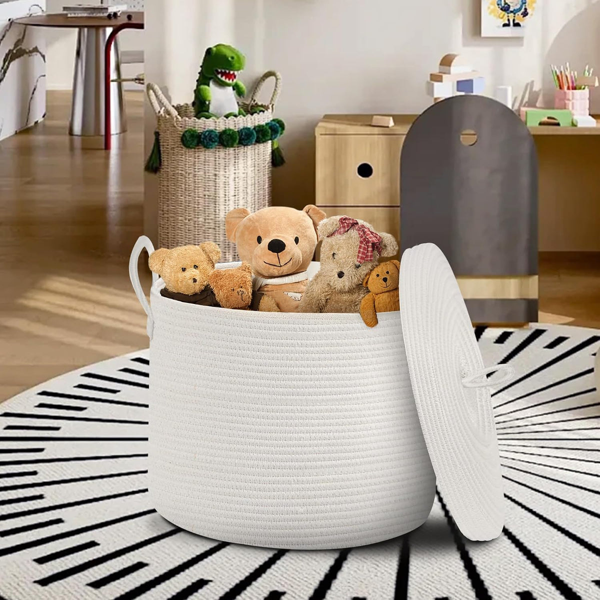 Extra Large Woven Basket with Lid, 18" X 14" Wicker Blanket Storage Basket Living Room, Tall Rope Storage Baskets for Toys, Decorative Kids Toy Bin Box with Cover, Baby Laundry Basket Hamper