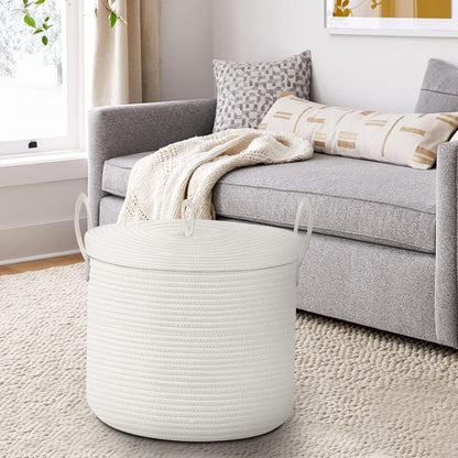 Extra Large Woven Basket with Lid, 18" X 14" Wicker Blanket Storage Basket Living Room, Tall Rope Storage Baskets for Toys, Decorative Kids Toy Bin Box with Cover, Baby Laundry Basket Hamper