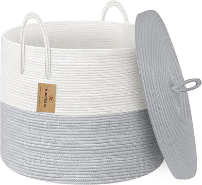 Extra Large Woven Basket with Lid, 18" X 14" Wicker Blanket Storage Basket Living Room, Tall Rope Storage Baskets for Toys, Decorative Kids Toy Bin Box with Cover, Baby Laundry Basket Hamper