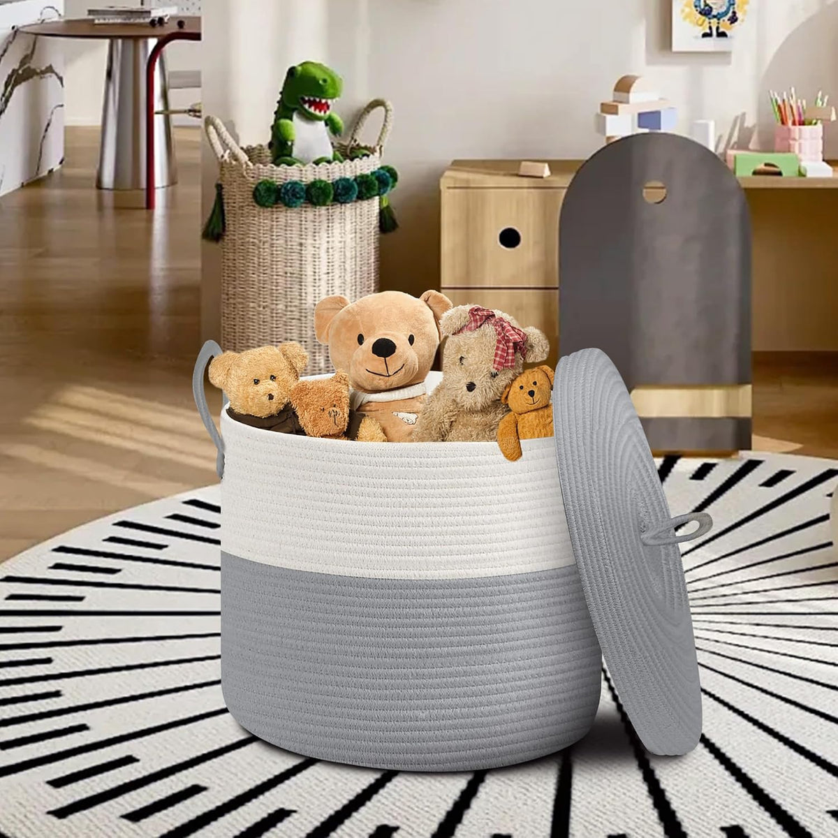Extra Large Woven Basket with Lid, 18" X 14" Wicker Blanket Storage Basket Living Room, Tall Rope Storage Baskets for Toys, Decorative Kids Toy Bin Box with Cover, Baby Laundry Basket Hamper