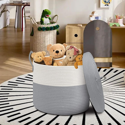 Extra Large Woven Basket with Lid, 18" X 14" Wicker Blanket Storage Basket Living Room, Tall Rope Storage Baskets for Toys, Decorative Kids Toy Bin Box with Cover, Baby Laundry Basket Hamper