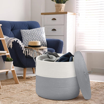 Extra Large Woven Basket with Lid, 18" X 14" Wicker Blanket Storage Basket Living Room, Tall Rope Storage Baskets for Toys, Decorative Kids Toy Bin Box with Cover, Baby Laundry Basket Hamper