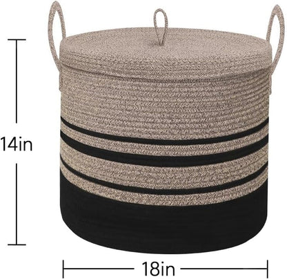 Extra Large Woven Basket with Lid, 18" X 14" Wicker Blanket Storage Basket Living Room, Tall Rope Storage Baskets for Toys, Decorative Kids Toy Bin Box with Cover, Baby Laundry Basket Hamper