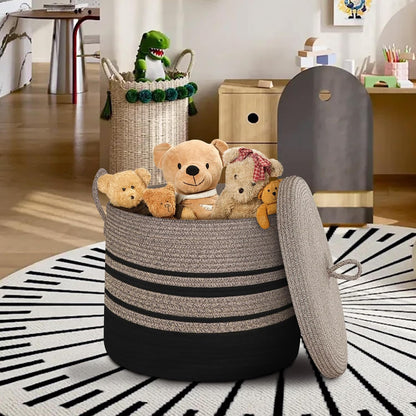 Extra Large Woven Basket with Lid, 18" X 14" Wicker Blanket Storage Basket Living Room, Tall Rope Storage Baskets for Toys, Decorative Kids Toy Bin Box with Cover, Baby Laundry Basket Hamper