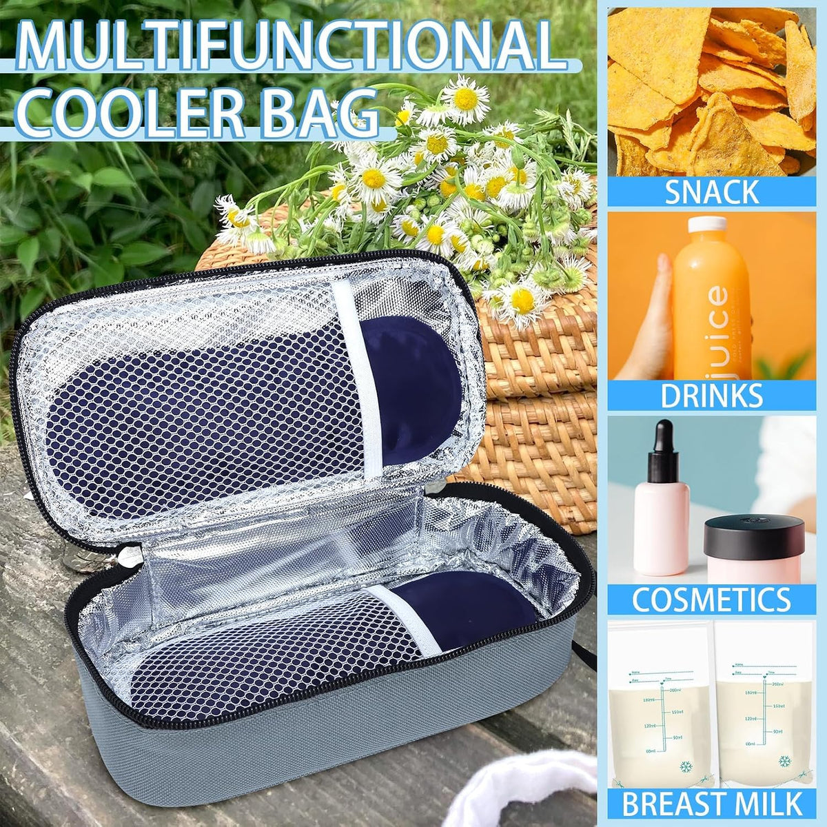 Breastmilk Cooler Bag with Ice Pack, Portable Insulated Breast Milk Storage Cooler Bag, Small Stylish Breastmilk Storage Bag Cooler with Wrist Strap (Dark Gray)
