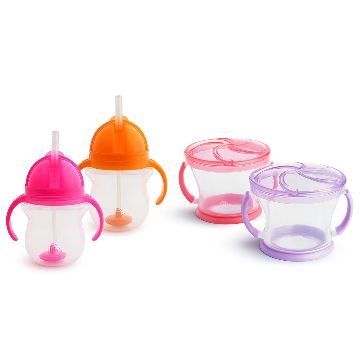 Happy Snacker Toddler Cups and Snack Containers - 7oz Any Angle Weighted Straw Trainer Cup and 9oz Snack Catchers, Purple/Pink