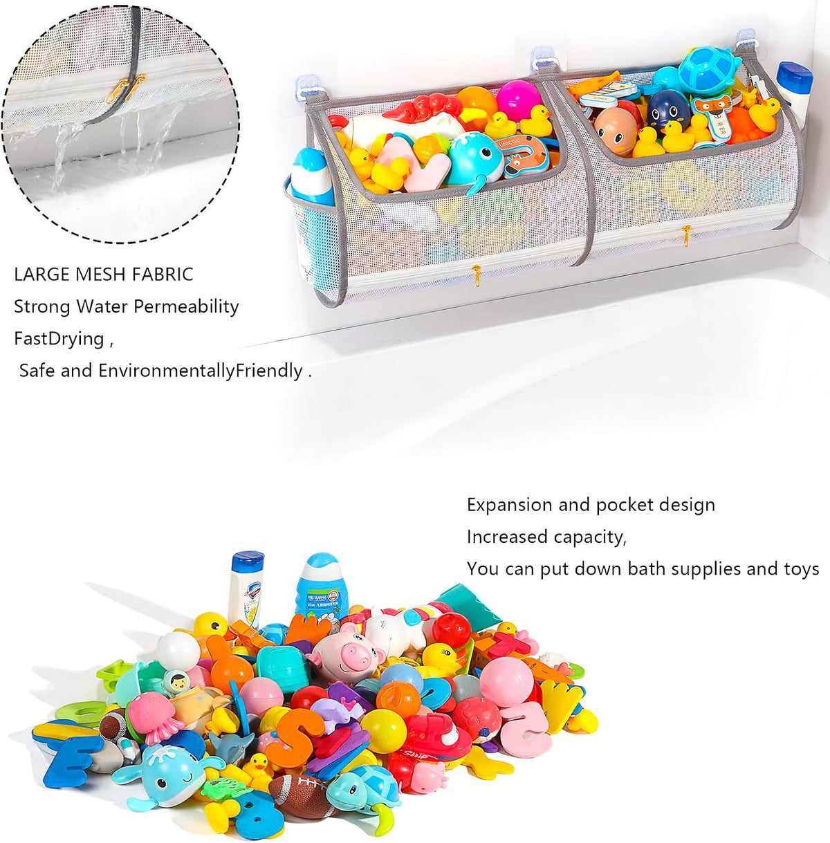 2-in-1 bath toy storage double capacity bath toy holder helps bath toy storage for tub classification, bath toy organizer for tub for kids to easily take favorite toys