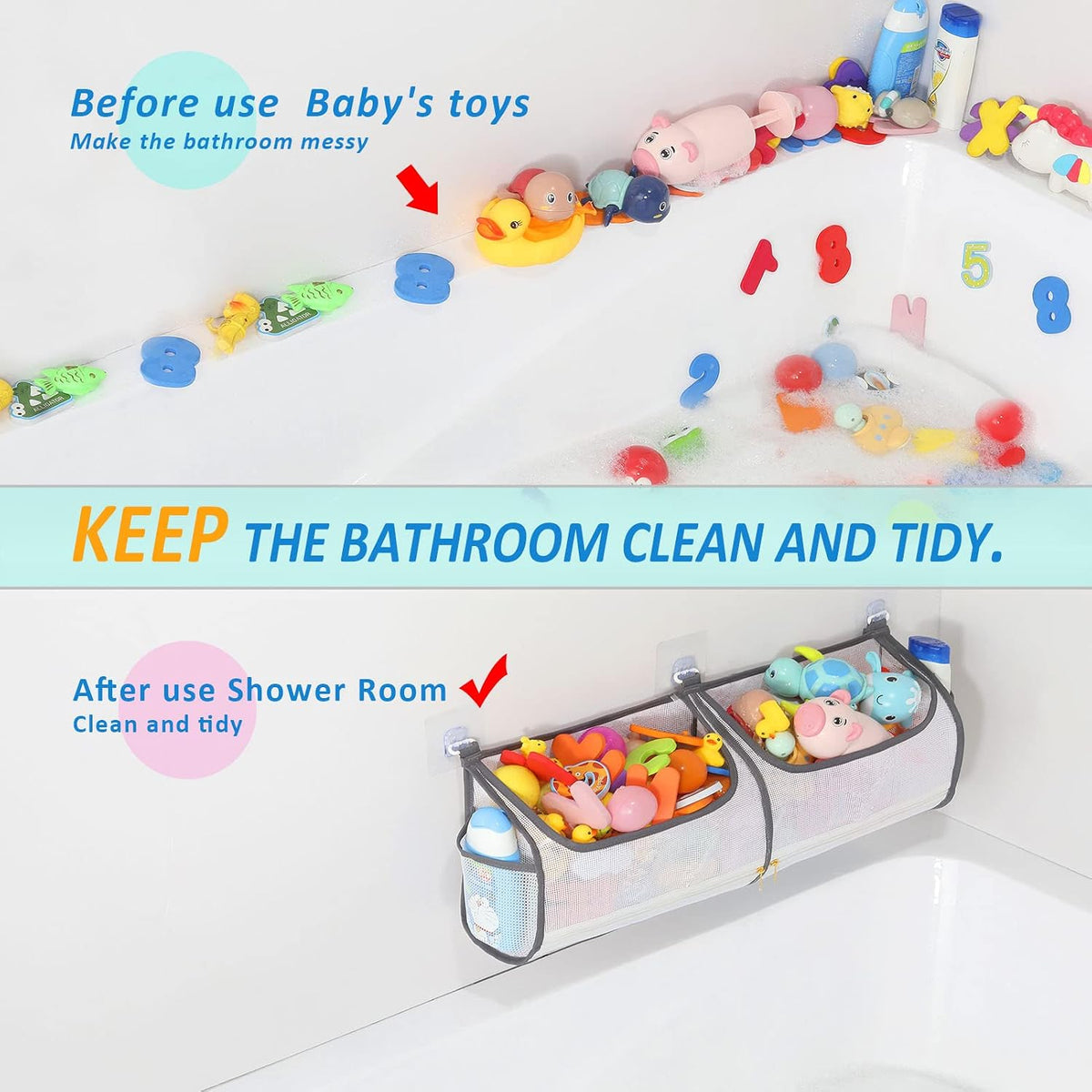 2-in-1 bath toy storage double capacity bath toy holder helps bath toy storage for tub classification, bath toy organizer for tub for kids to easily take favorite toys