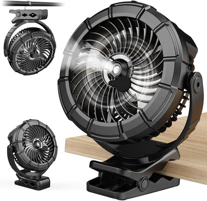 Portable Clip on Misting Fan, [5-45Hrs] Golf Cart Spray Fan, 720° Rotate Baby Stroller Fan, Outdoor Camping Fan with LED, Rechargeable Battery Operated RV Travel Cruise Fan, Golf Accessories