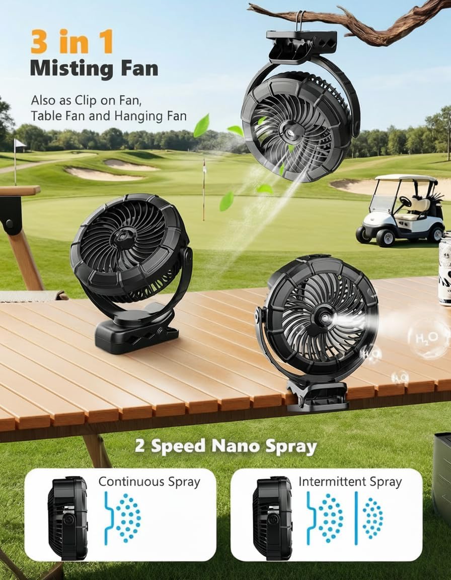 Portable Clip on Misting Fan, [5-45Hrs] Golf Cart Spray Fan, 720° Rotate Baby Stroller Fan, Outdoor Camping Fan with LED, Rechargeable Battery Operated RV Travel Cruise Fan, Golf Accessories