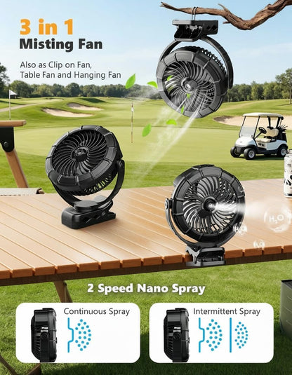 Portable Clip on Misting Fan, [5-45Hrs] Golf Cart Spray Fan, 720° Rotate Baby Stroller Fan, Outdoor Camping Fan with LED, Rechargeable Battery Operated RV Travel Cruise Fan, Golf Accessories