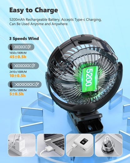 Portable Clip on Misting Fan, [5-45Hrs] Golf Cart Spray Fan, 720° Rotate Baby Stroller Fan, Outdoor Camping Fan with LED, Rechargeable Battery Operated RV Travel Cruise Fan, Golf Accessories