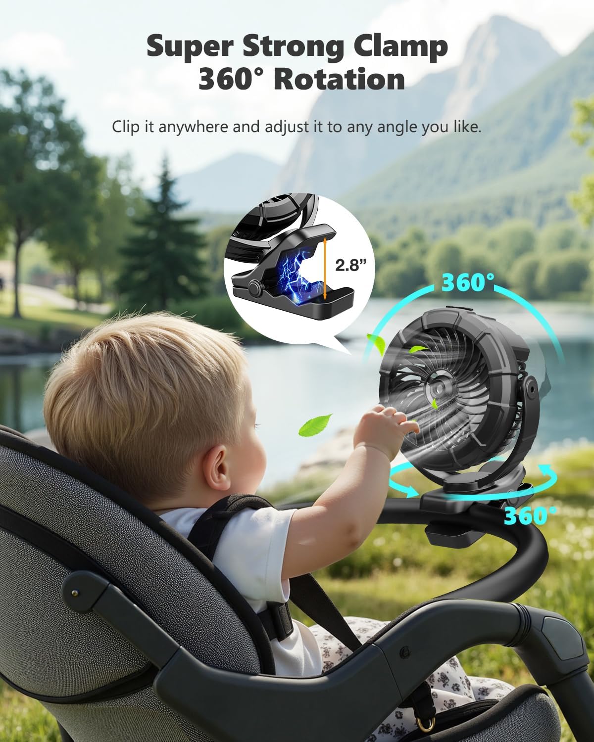 Portable Clip on Misting Fan, [5-45Hrs] Golf Cart Spray Fan, 720° Rotate Baby Stroller Fan, Outdoor Camping Fan with LED, Rechargeable Battery Operated RV Travel Cruise Fan, Golf Accessories
