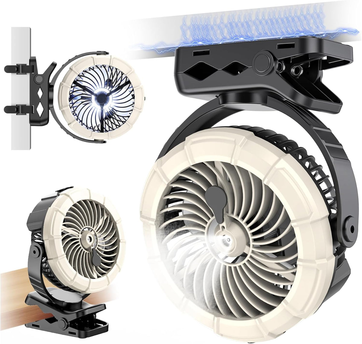 Portable Clip on Misting Fan, [5-45Hrs] Golf Cart Spray Fan, 720° Rotate Baby Stroller Fan, Outdoor Camping Fan with LED, Rechargeable Battery Operated RV Travel Cruise Fan, Golf Accessories
